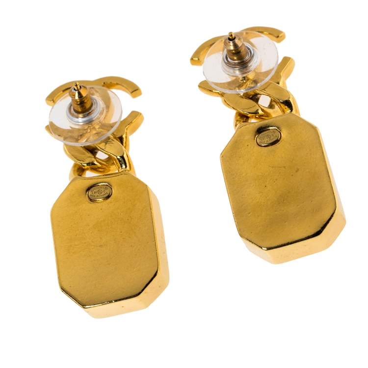 Pre Owned Chanel Gold Tone CC Quartz Crystal Drop Earrings