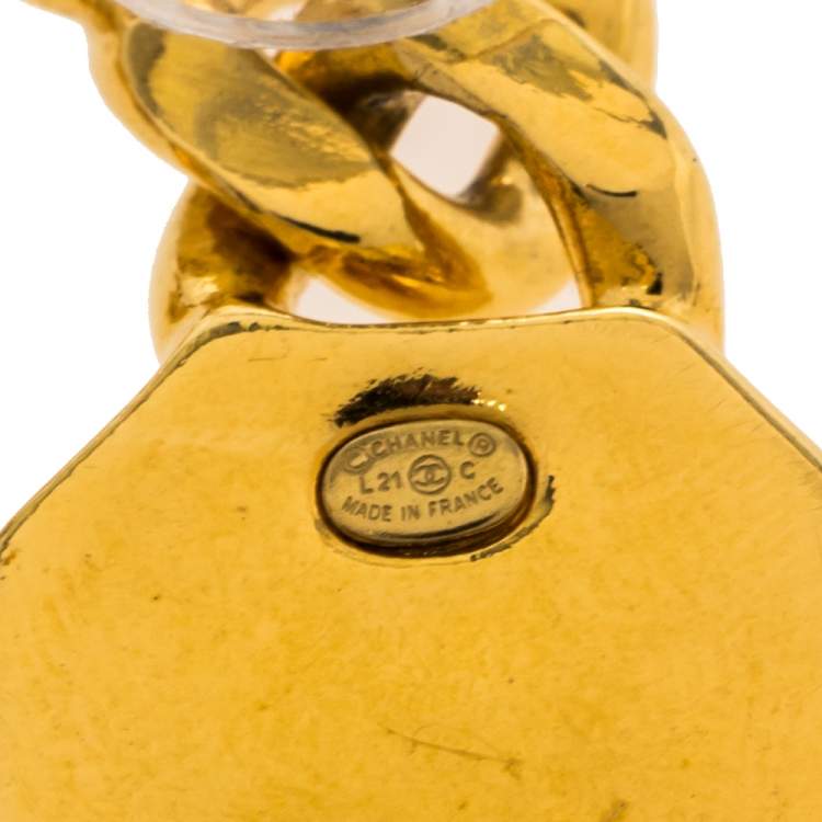Pre Owned Chanel Gold Tone CC Quartz Crystal Drop Earrings