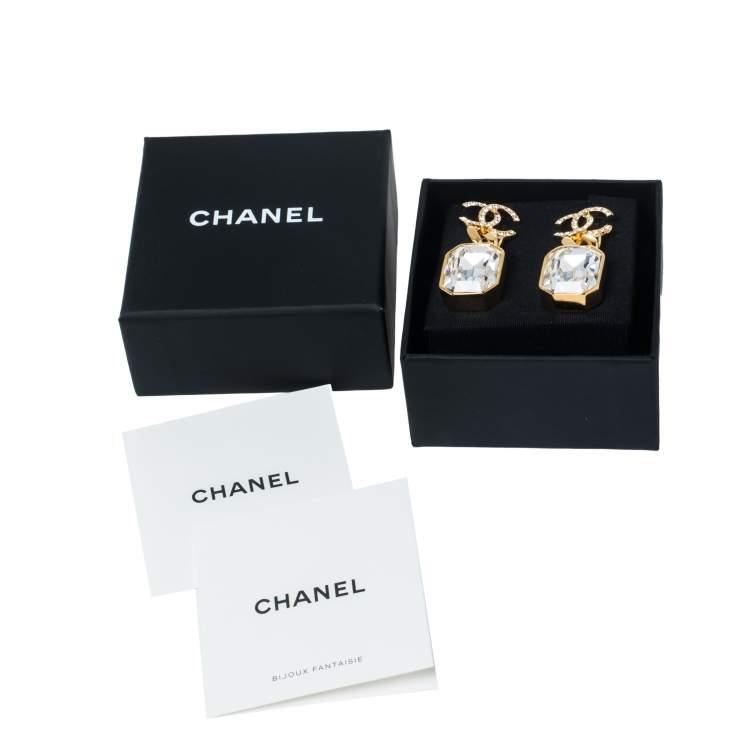 Pre Owned Chanel Gold Tone CC Quartz Crystal Drop Earrings