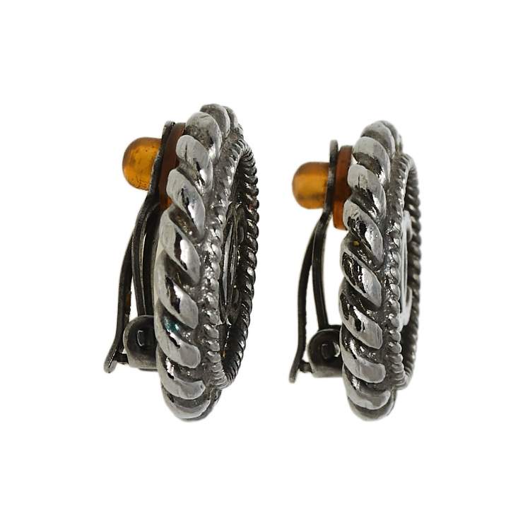 Pre Owned Chanel Gunmetal Tone CC Clip On Stud Earrings
