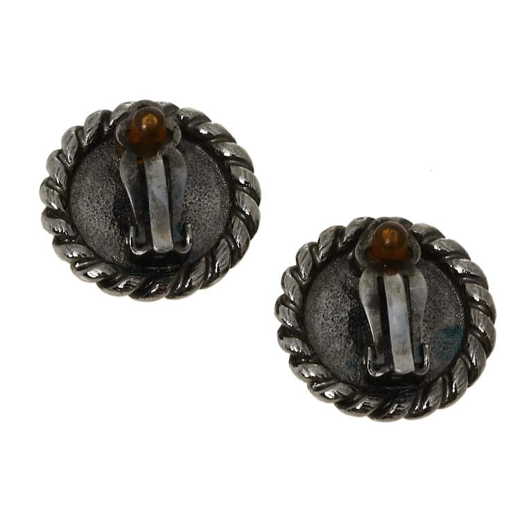 Pre Owned Chanel Gunmetal Tone CC Clip On Stud Earrings