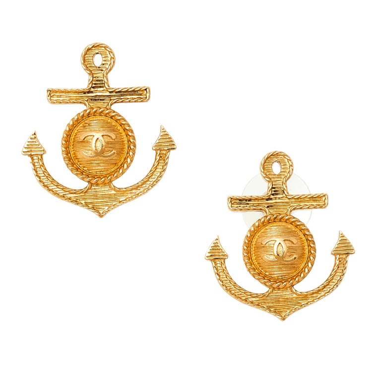 Chanel CC Anchor Yellow Gold Tone Stud Earrings Chanel