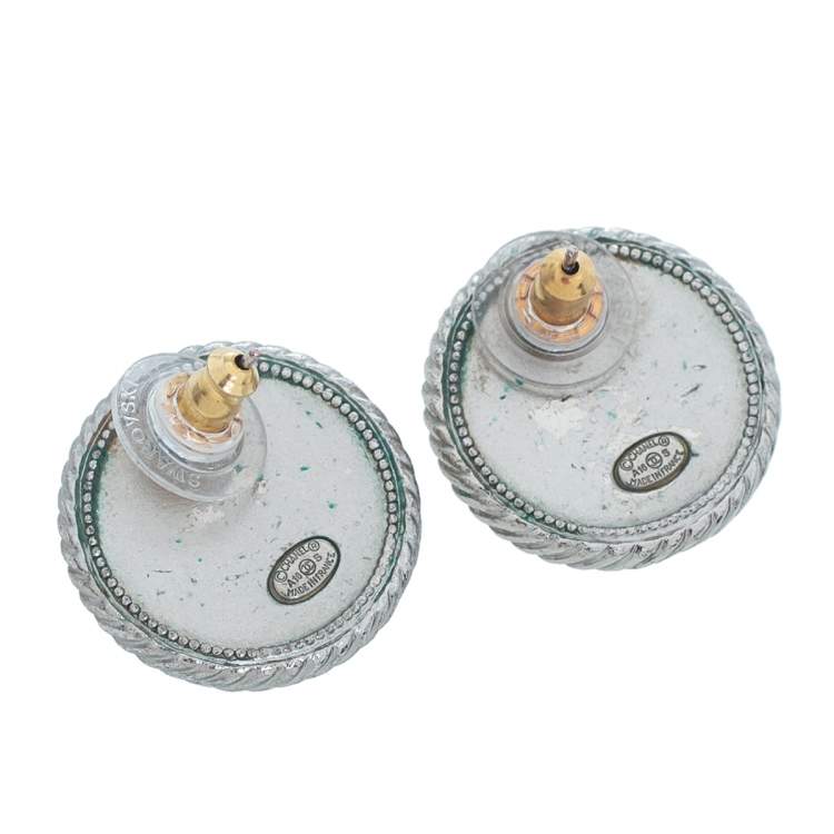 Pre Owned Chanel Silver Tone Crystal CC Logo Round Stud Earrings