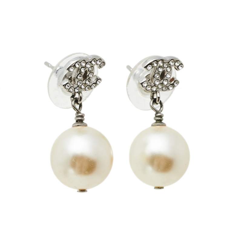 Pre Owned Chanel Faux Pearl & Crystal CC Drop Earrings