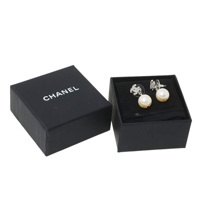 Pre Owned Chanel Faux Pearl & Crystal CC Drop Earrings