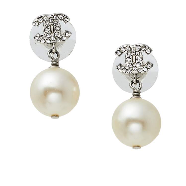 Pre Owned Chanel Faux Pearl & Crystal CC Drop Earrings