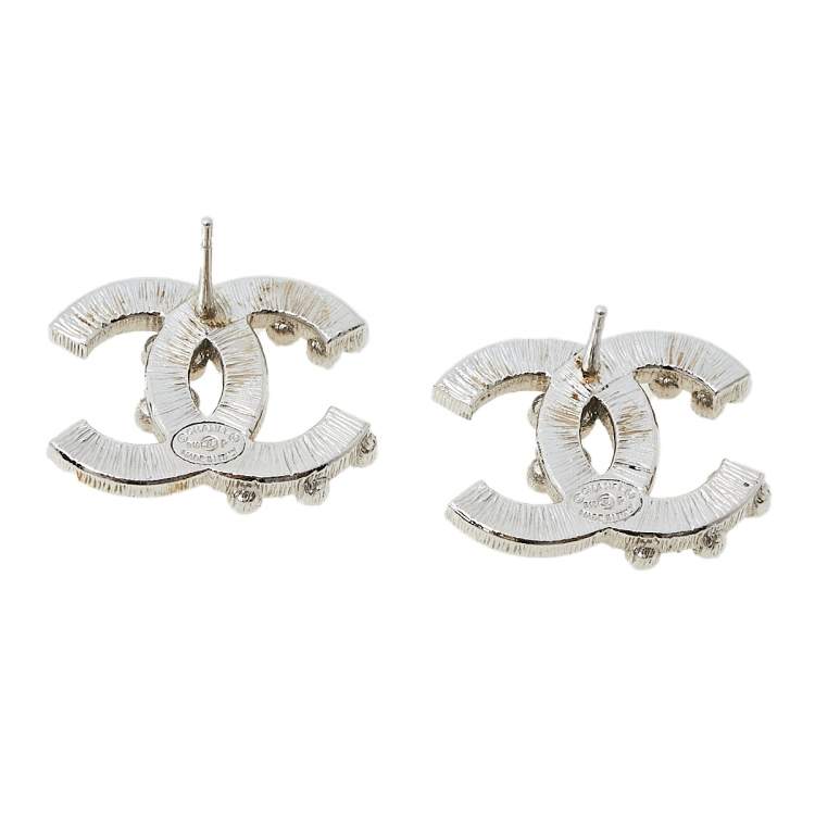 Pre Owned Chanel Silver Tone Baguette Crystal CC Stud Earrings 