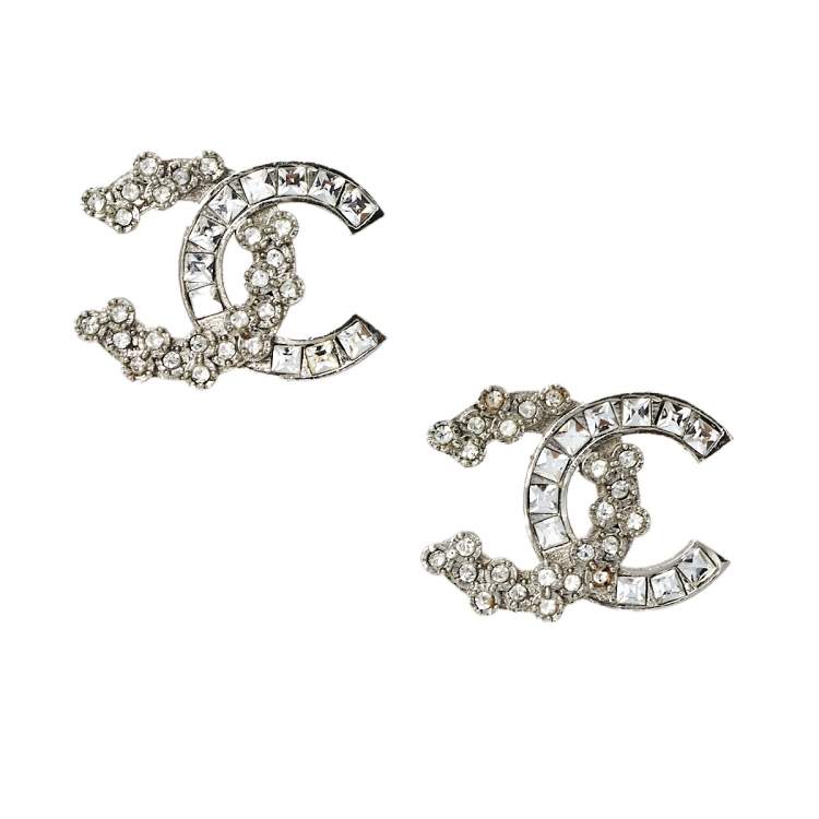 Pre Owned Chanel Silver Tone Baguette Crystal CC Stud Earrings 