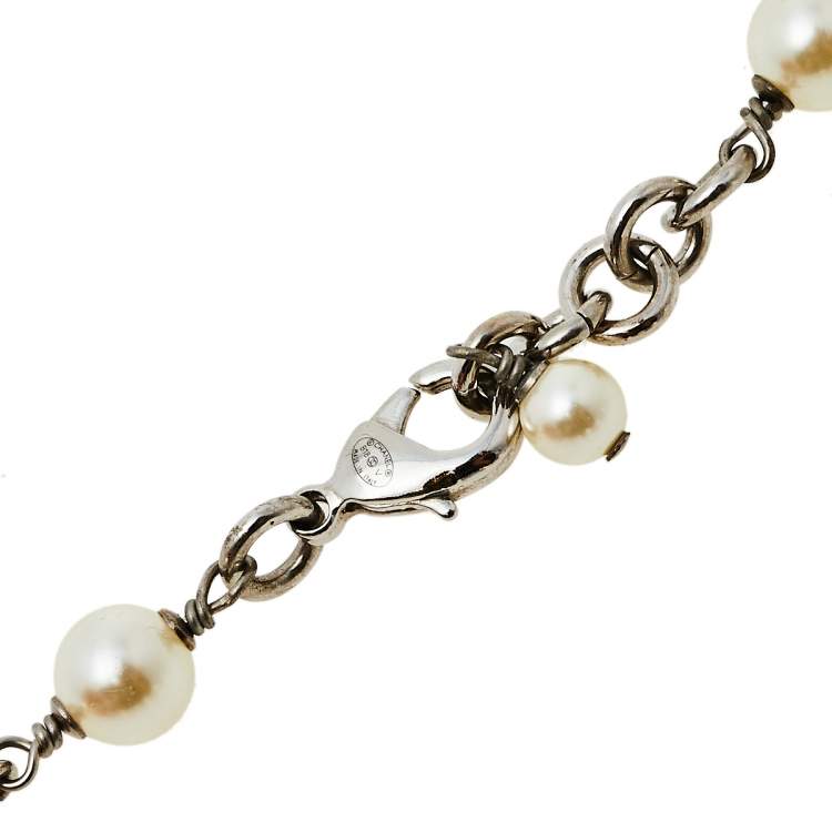 Pre Owned Chanel CC Faux Pearl Crystal Silver Tone Long Station Necklace