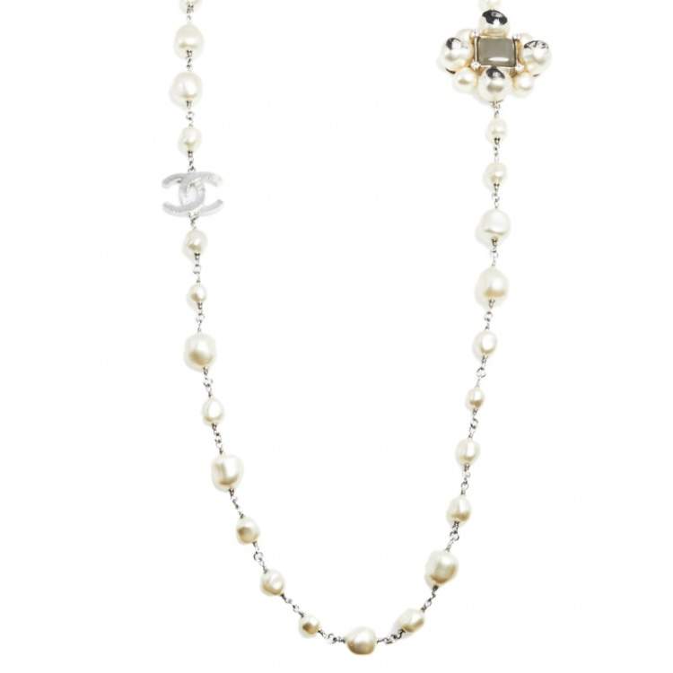 Chanel CC Faux Pearl Silver Tone Station Long Necklace Chanel