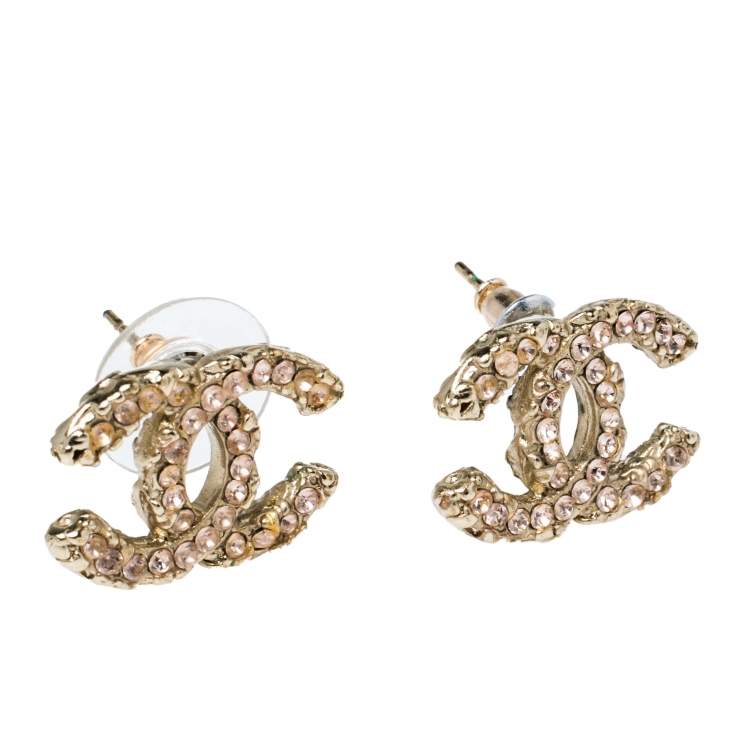 Pre Owned Chanel CC Pink Crystal Gold Tone Stud Earrings