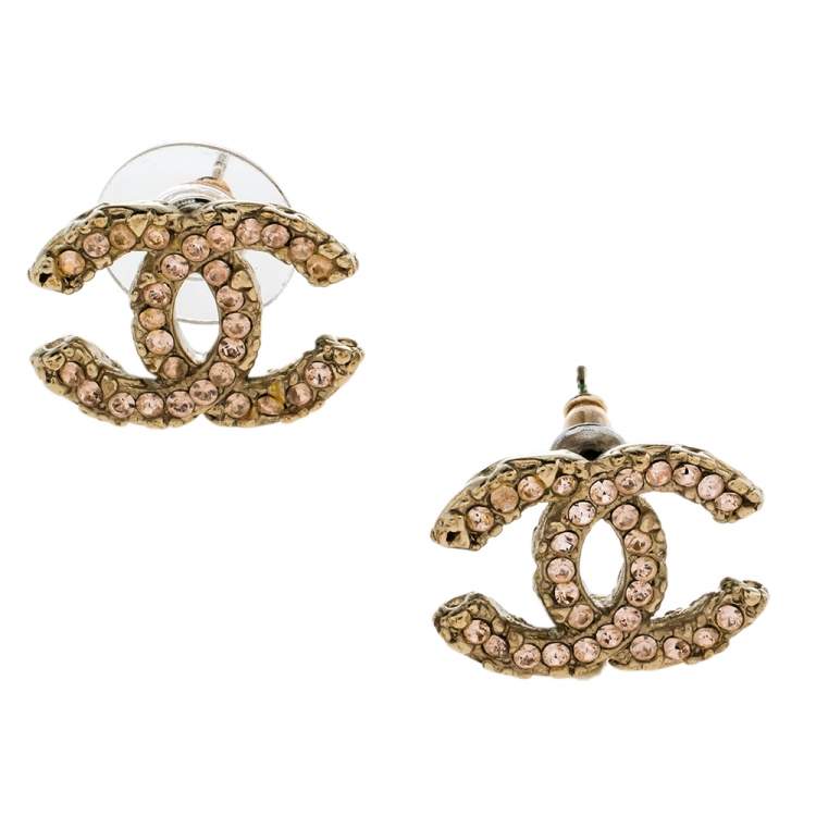 Pre Owned Chanel CC Pink Crystal Gold Tone Stud Earrings