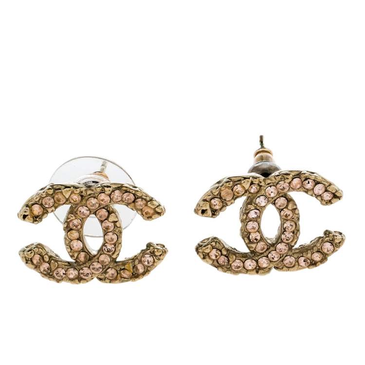 Pre Owned Chanel CC Pink Crystal Gold Tone Stud Earrings