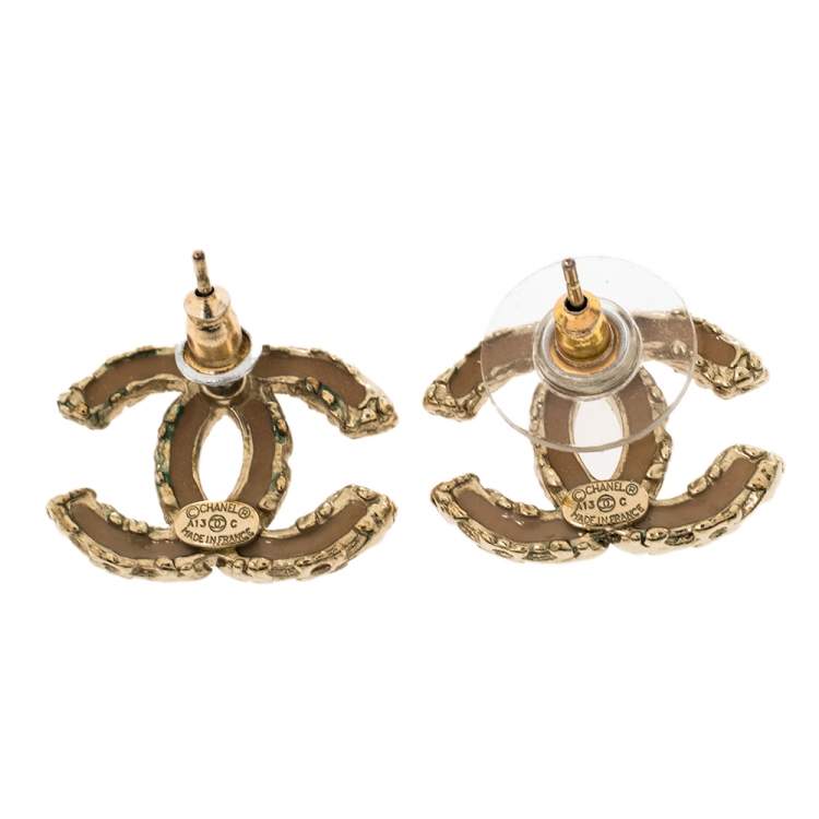 Pre Owned Chanel CC Pink Crystal Gold Tone Stud Earrings