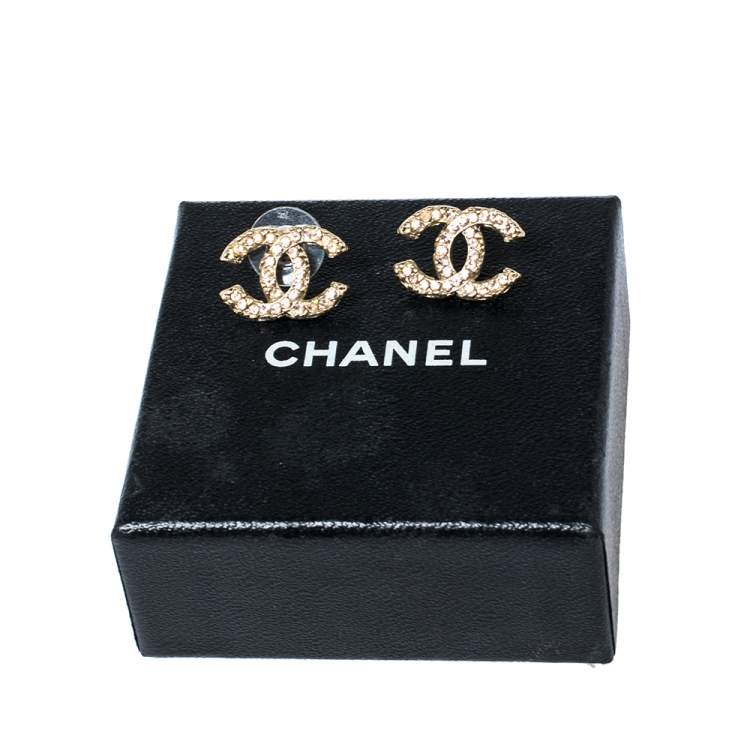 Pre Owned Chanel CC Pink Crystal Gold Tone Stud Earrings