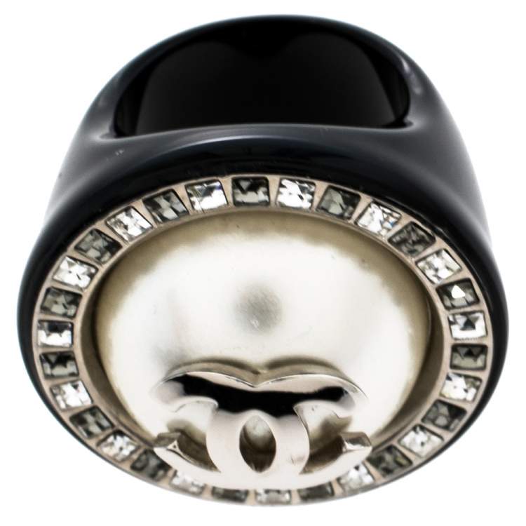 Pre Owned Chanel CC Faux Pearl Crystal Cocktail Ring Size EU 55