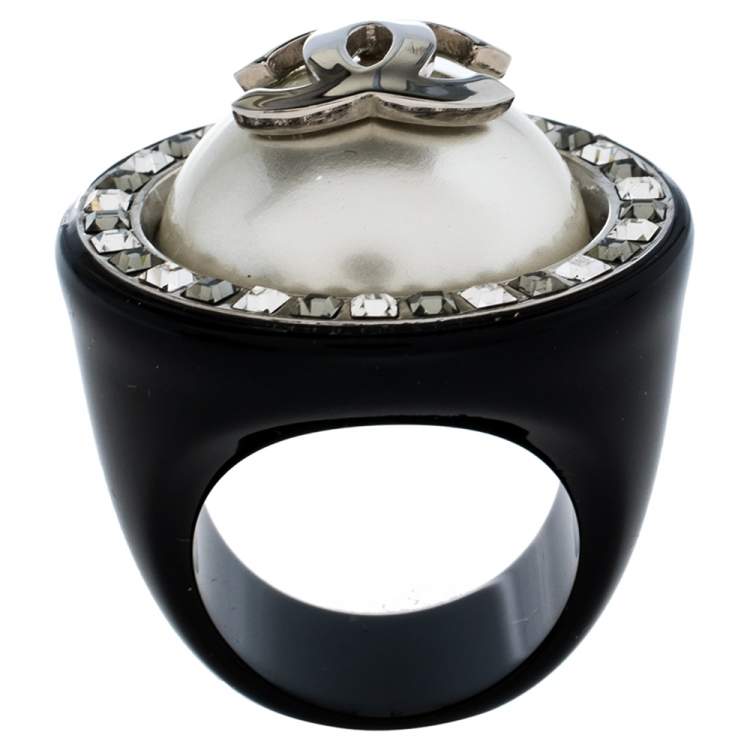 Pre Owned Chanel CC Faux Pearl Crystal Cocktail Ring Size EU 55