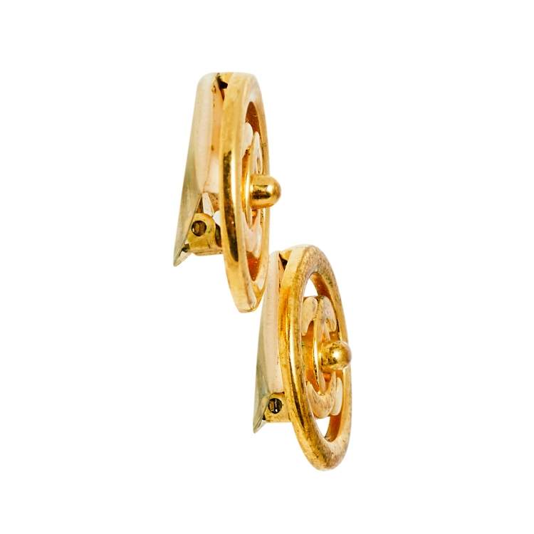 Pre Owned Chanel Vintage Gold Tone CC Turnlock Round Clip-On Earrings