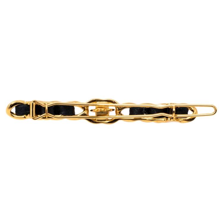 Pre Owned Chanel Gold Tone Black Leather Detail Turnlock Barrette