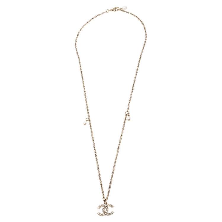 Chanel Gold Tone CC Pearl and Crystal CC Pendant Long Necklace Chanel