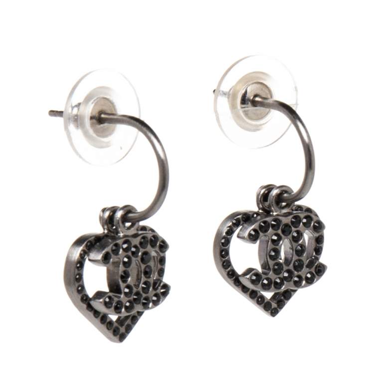 Chanel CC Logo Silver Heart Hoop Earrings