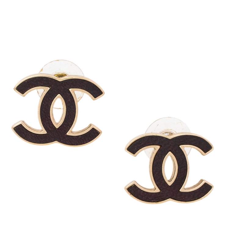 Pre Owned Chanel Gold Tone and Oxblood Leather CC Stud Earrings 