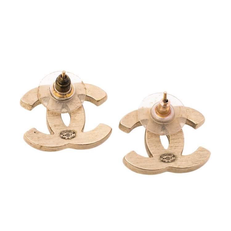 Pre Owned Chanel Gold Tone and Oxblood Leather CC Stud Earrings 
