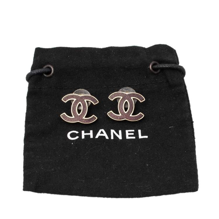 Pre Owned Chanel Gold Tone and Oxblood Leather CC Stud Earrings 