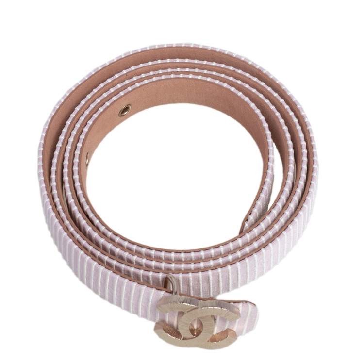 Pre Owned Chanel Pink/White Fabric CC Buckle Slim Belt 85 CM