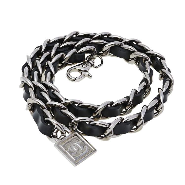 Pre Owned Chanel Black Leather CC Charm Silver Tone Chain Belt