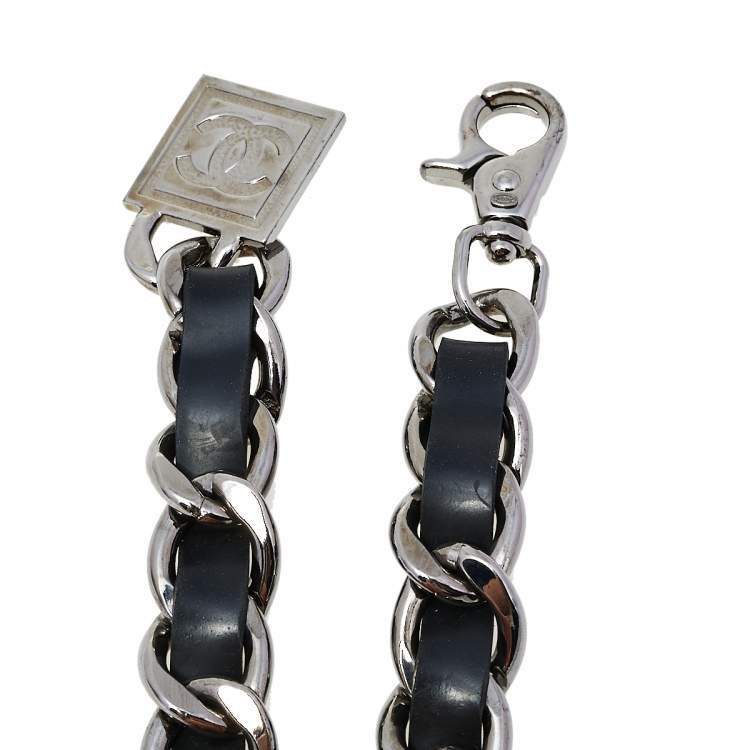 Pre Owned Chanel Black Leather CC Charm Silver Tone Chain Belt