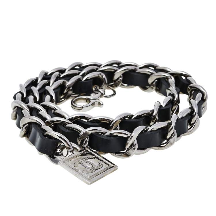 Pre Owned Chanel Black Leather CC Charm Silver Tone Chain Belt