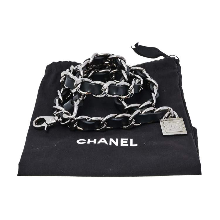 Pre Owned Chanel Black Leather CC Charm Silver Tone Chain Belt