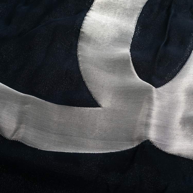 Pre Owned Chanel Navy Blue Logo Lurex Jacquard Silk Scarf