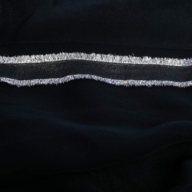 Pre Owned Chanel Navy Blue Logo Lurex Jacquard Silk Scarf