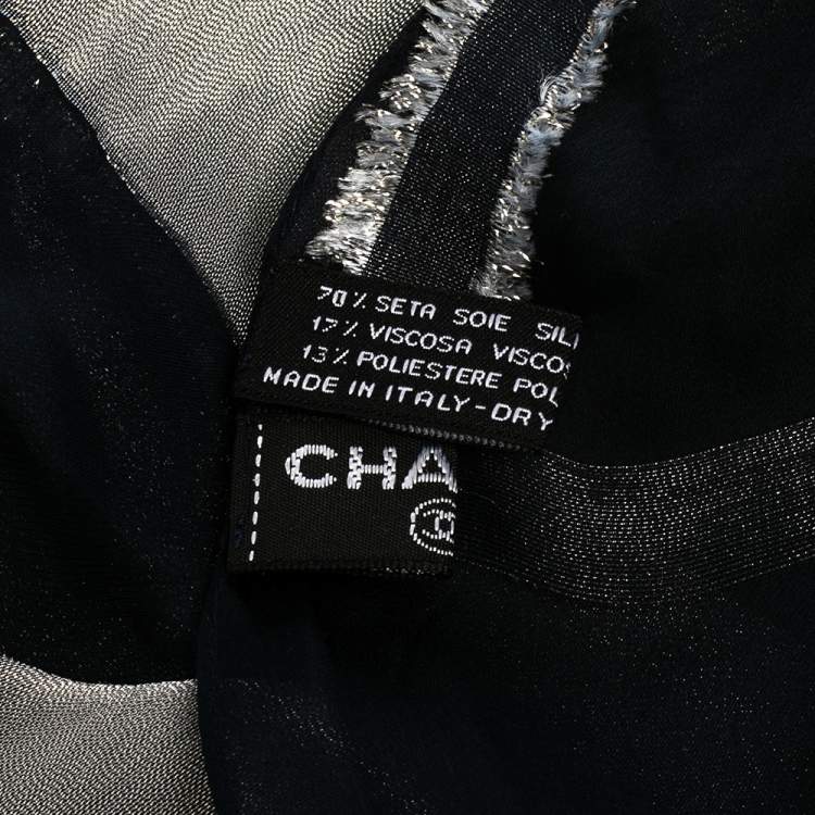 Pre Owned Chanel Navy Blue Logo Lurex Jacquard Silk Scarf