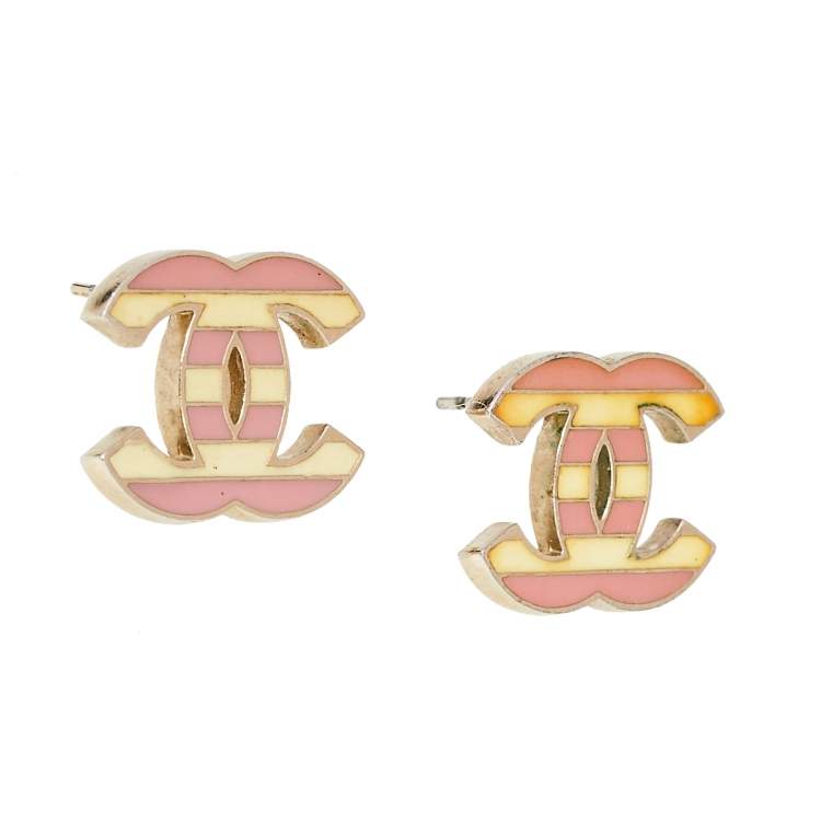 Chanel Pink CC Logo Metal Stud Earrings For Sale at 1stDibs