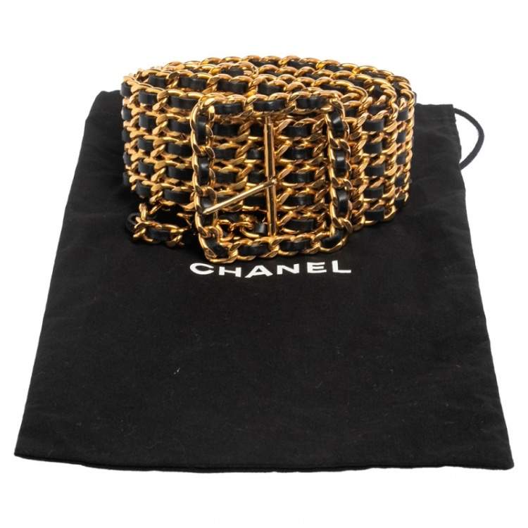 Pre Owned Chanel Gold/Black Chain And Leather Spring 1993 Waist Belt