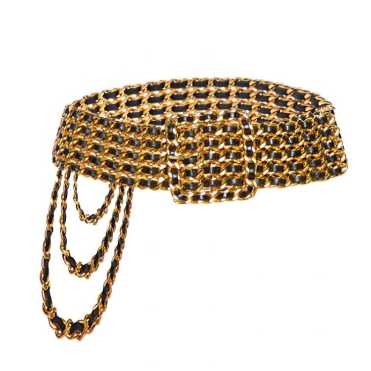 Pre Owned Chanel Gold/Black Chain And Leather Spring 1993 Waist Belt