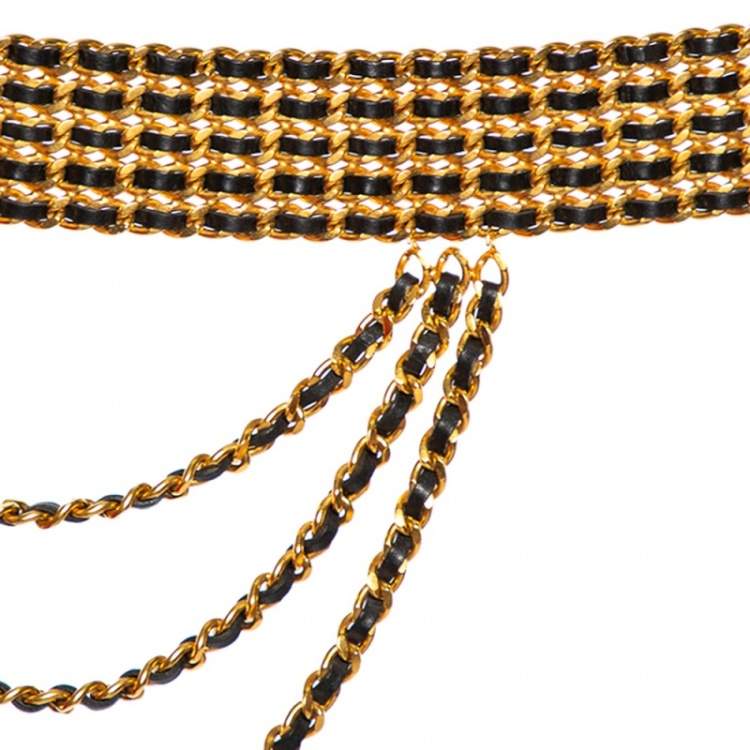 Pre Owned Chanel Gold/Black Chain And Leather Spring 1993 Waist Belt