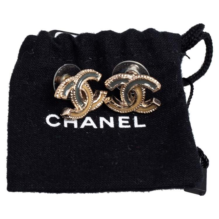 Pre Owned Chanel Bicolor Enamel Gold Tone CC Stud Earrings