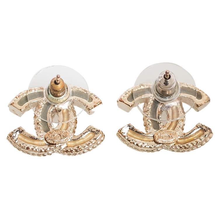 Pre Owned Chanel Bicolor Enamel Gold Tone CC Stud Earrings