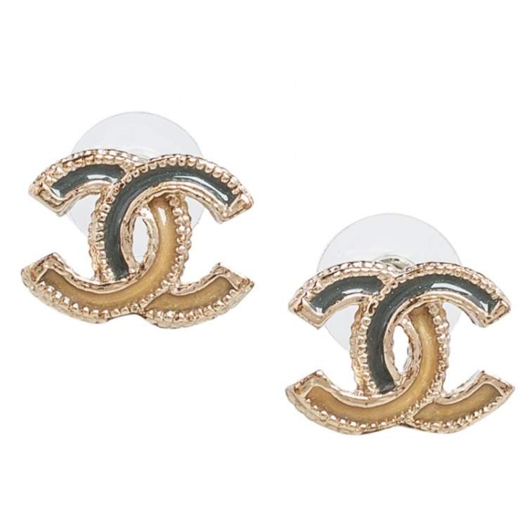 Pre Owned Chanel Bicolor Enamel Gold Tone CC Stud Earrings
