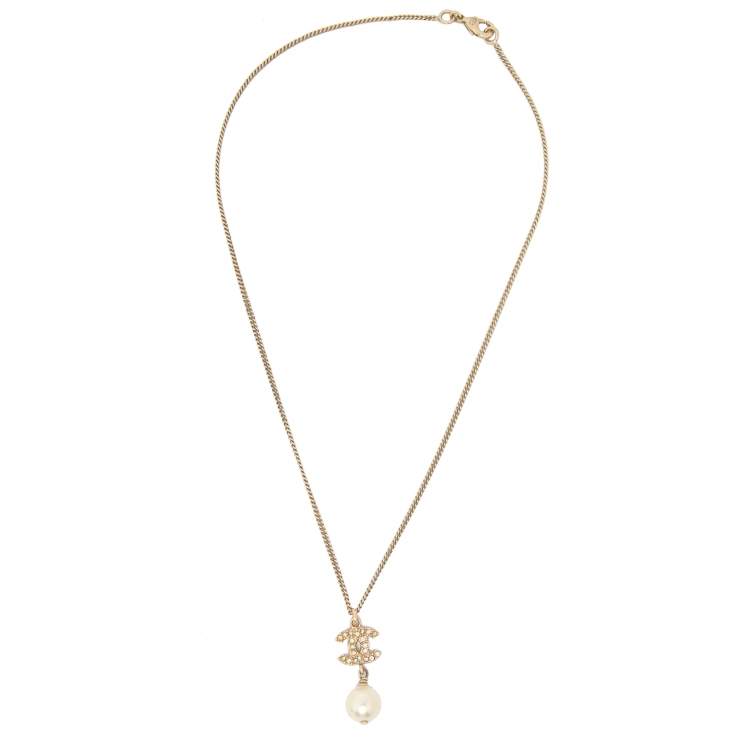 Chanel Gold Tone CC Crystal Faux Pearl Pendant Necklace Chanel
