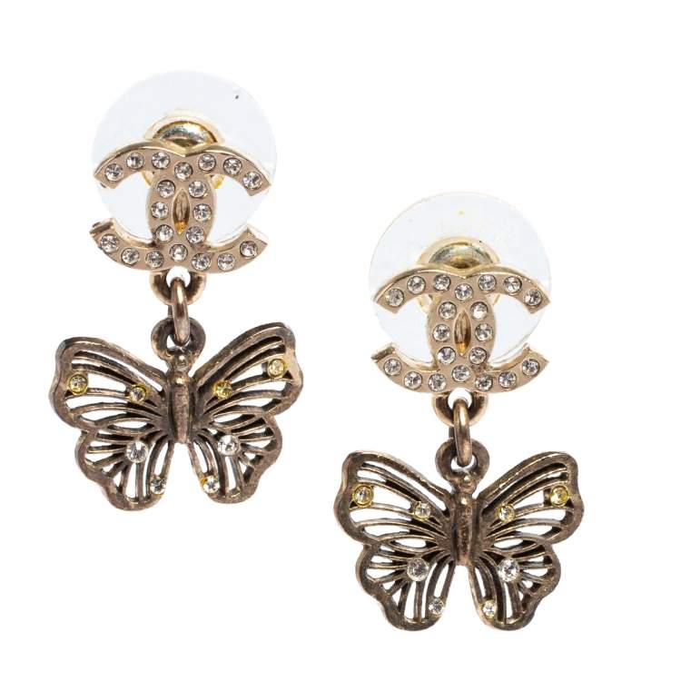 Pre Owned Chanel CC Butterfly Crystal Gold Tone Drop Earrings