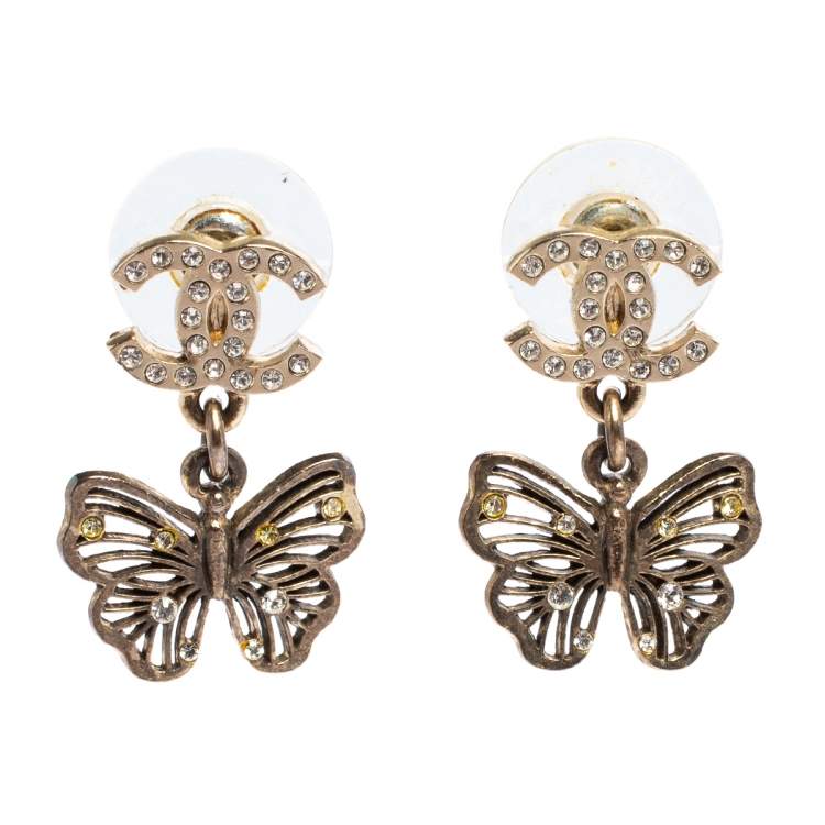 Pre Owned Chanel CC Butterfly Crystal Gold Tone Drop Earrings
