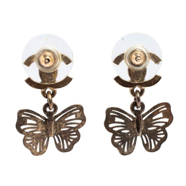 Pre Owned Chanel CC Butterfly Crystal Gold Tone Drop Earrings
