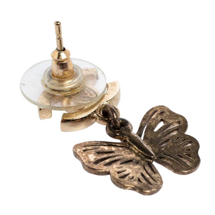 Pre Owned Chanel CC Butterfly Crystal Gold Tone Drop Earrings