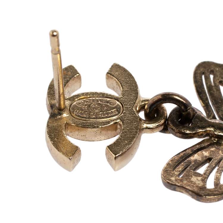 Pre Owned Chanel CC Butterfly Crystal Gold Tone Drop Earrings