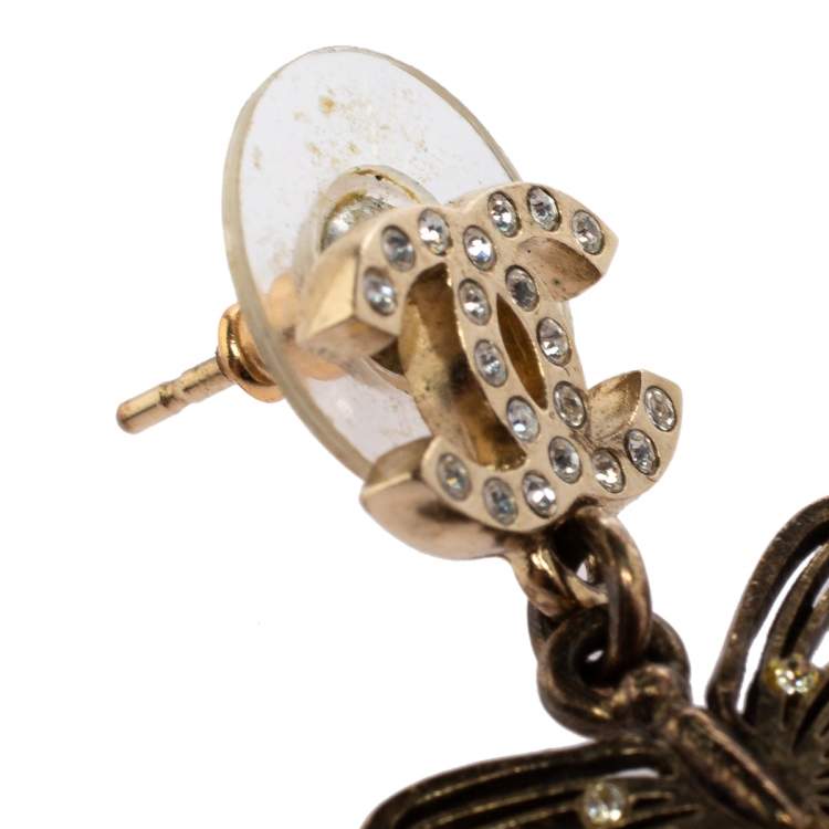 Pre Owned Chanel CC Butterfly Crystal Gold Tone Drop Earrings